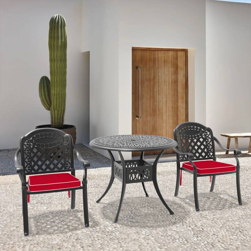 3/5-Piece Cast Aluminum Outdoor Dining Set with 35.43 in. Round Table and Random Color Seat Cushions - Black( 3-Piece Sets-B)