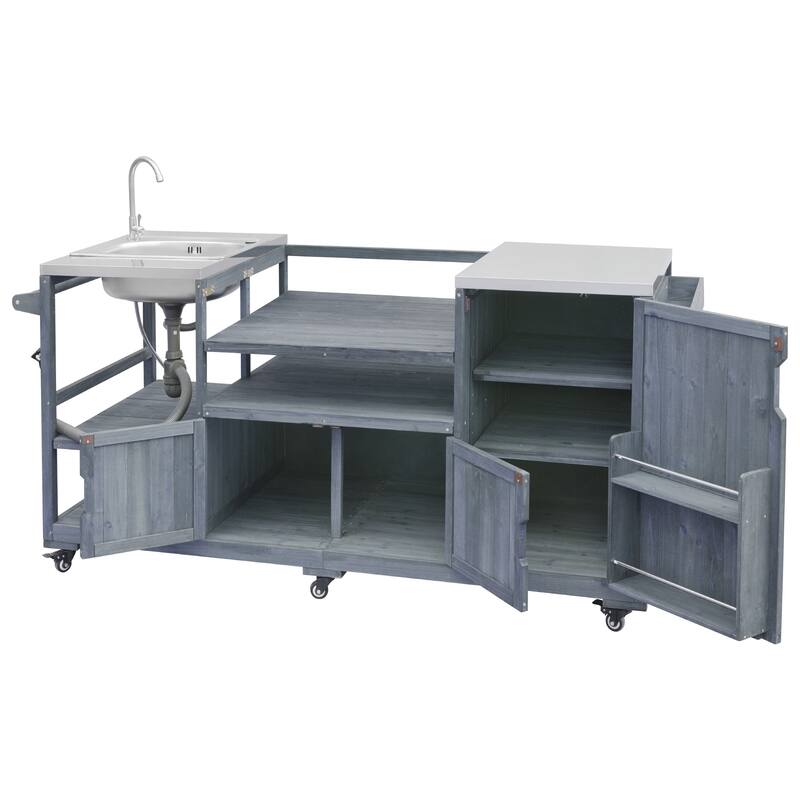 Roomfitters 75.4" Outdoor Kitchen Island with Sink, Fir Wood Grill Cart for XL Green Egg & Tabletop Grills