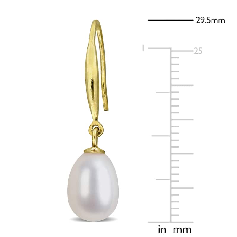 Miadora 7-8mm Cultured Freshwater Pearl Slim Shepherd Hook Earrings Yellow Plated Sterling Silver