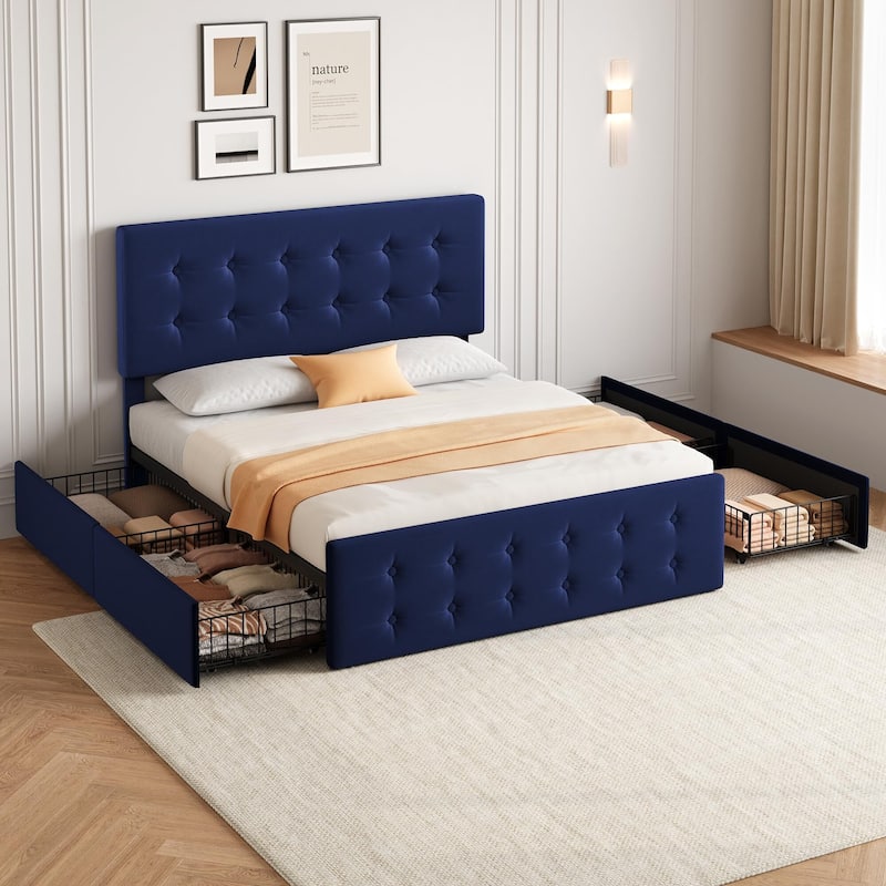 Bed Frame with 4 Storage Drawers and Headboard - Blue_Queen - Queen