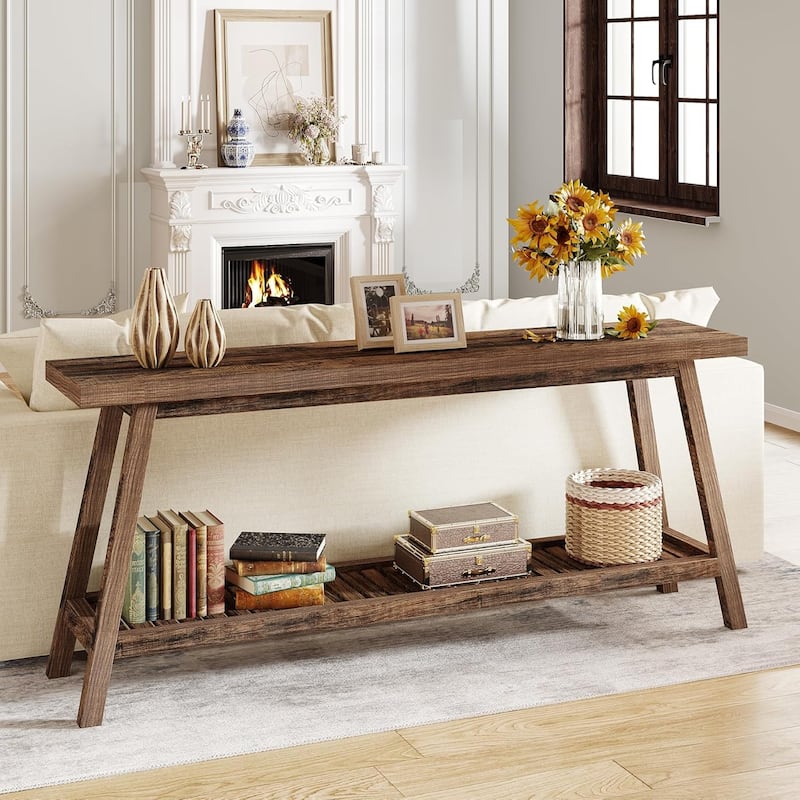 Farmhouse Console Entryway Table: 70.9 Inches Extra Long Console Table for Entryway, 2-Tier Narrow Wood Foyer Sofa Couch Table