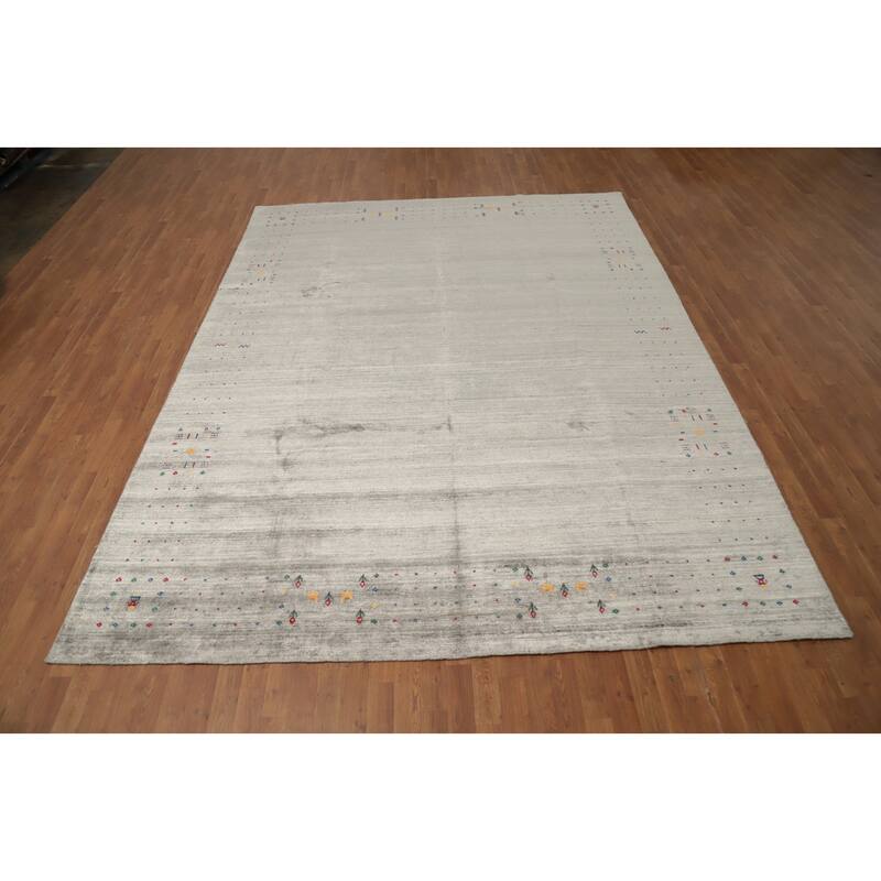 Hand Knotted Oriental Viscose Silk Carpet Tribal Animal Pictorial Greys & Charcoal Gabbeh Area Rug - 11' 9'' X 8' 11''