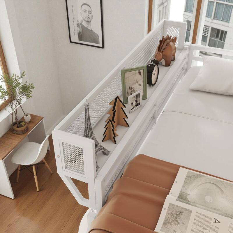 Full/Queen Size Metal Loft Bed with Storage Shelves, Guardrails, and Ladder, Space-Saving High Loft Bed for Kids and Teens