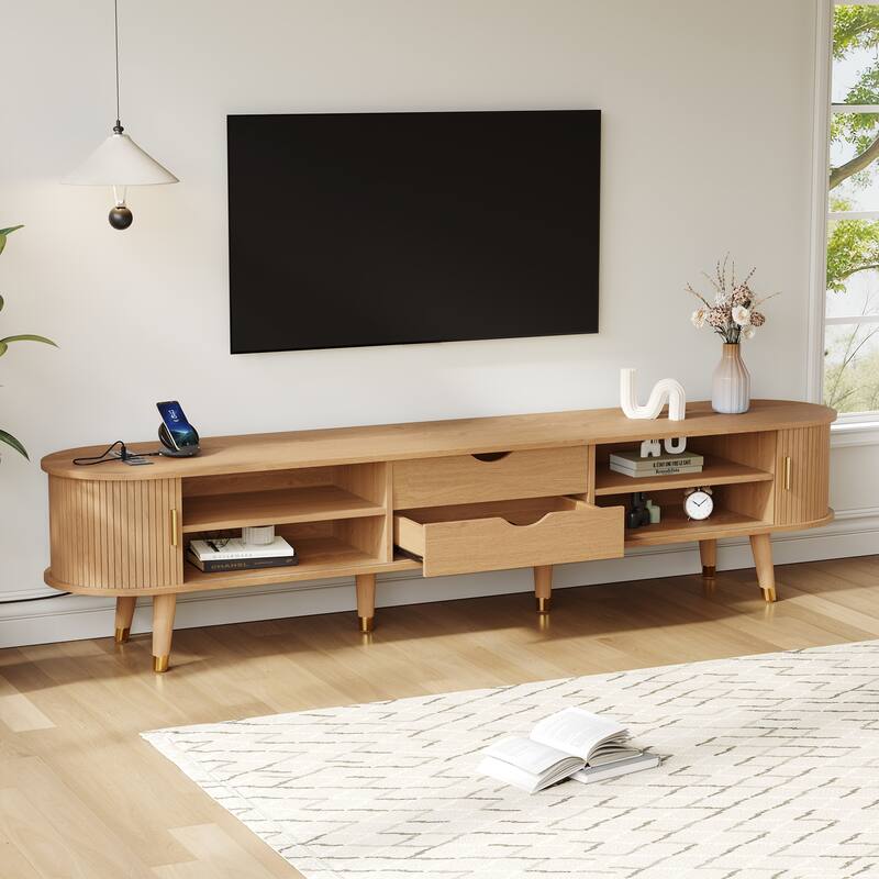 Wooden Oval TV Stand with Charging Station for TV up to 80", Fluted Sliding Tambour Door TV Cabinet Media Console, Natural