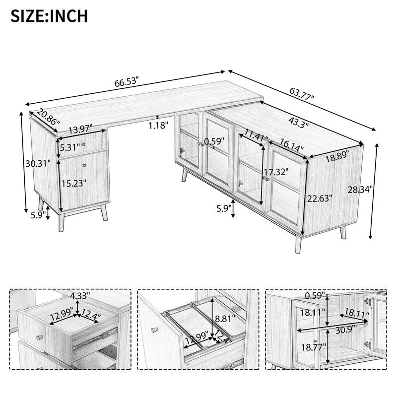 66.5" L-shaped Executive Desk with tempered glass Cabinet Storage,Large Office Desk with Drawers,Business Desk Workstation