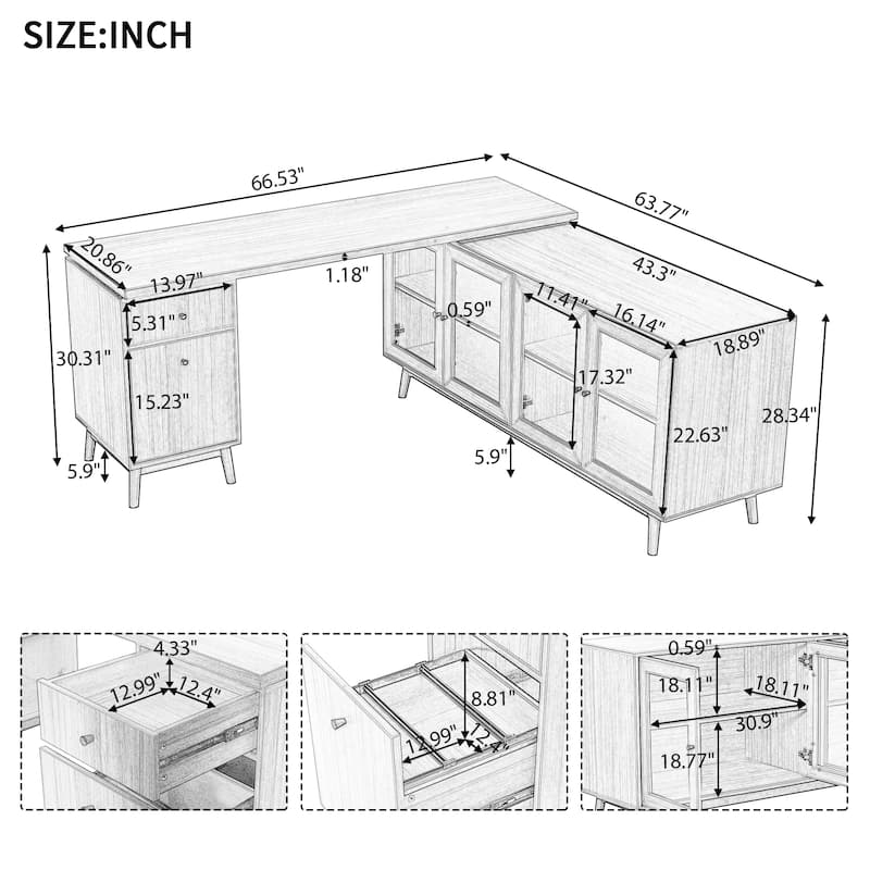 66.5" Large Office Desk with Drawers, Modern L-shaped Desk with Delicate Tempered Glass Cabinet Storage, Business Desk