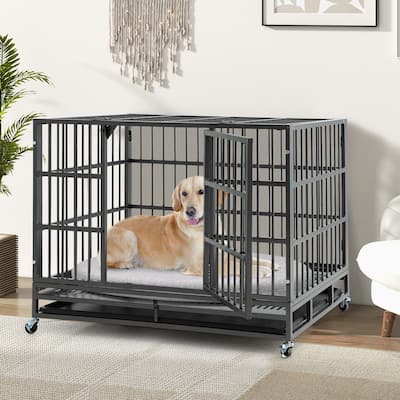 Foldable Heavy-Duty Metal Dog Cage with Lockable Rolling Casters and Tray
