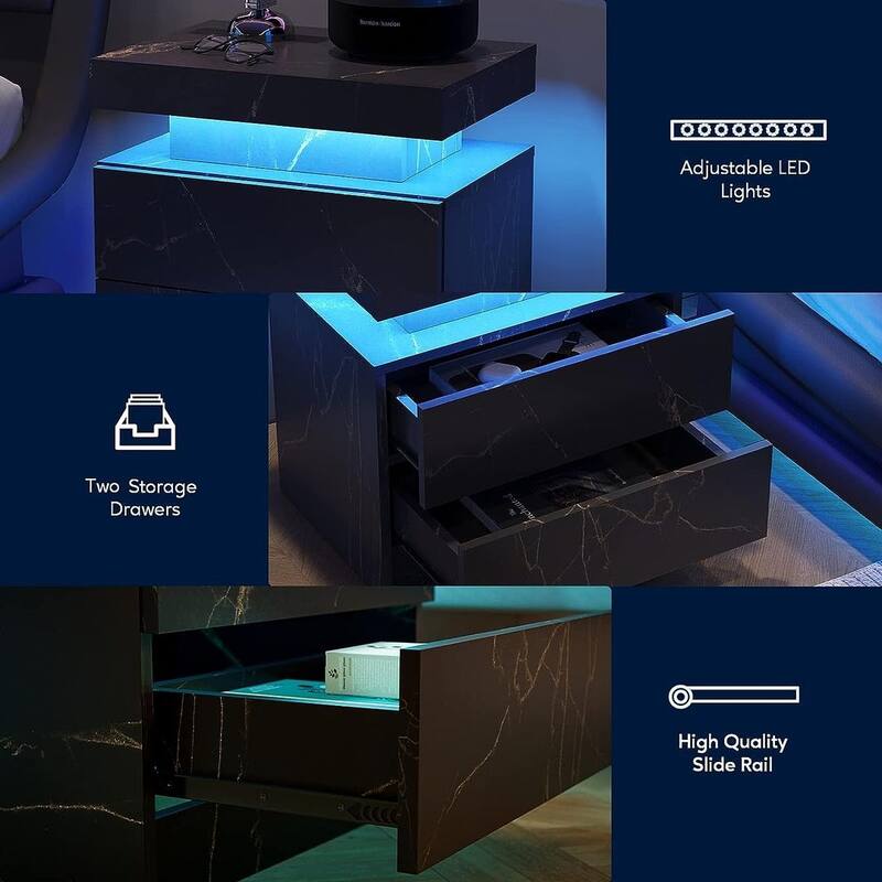 19.3" Modern 2 Drawers LED Nightstand with Adjustable Lights