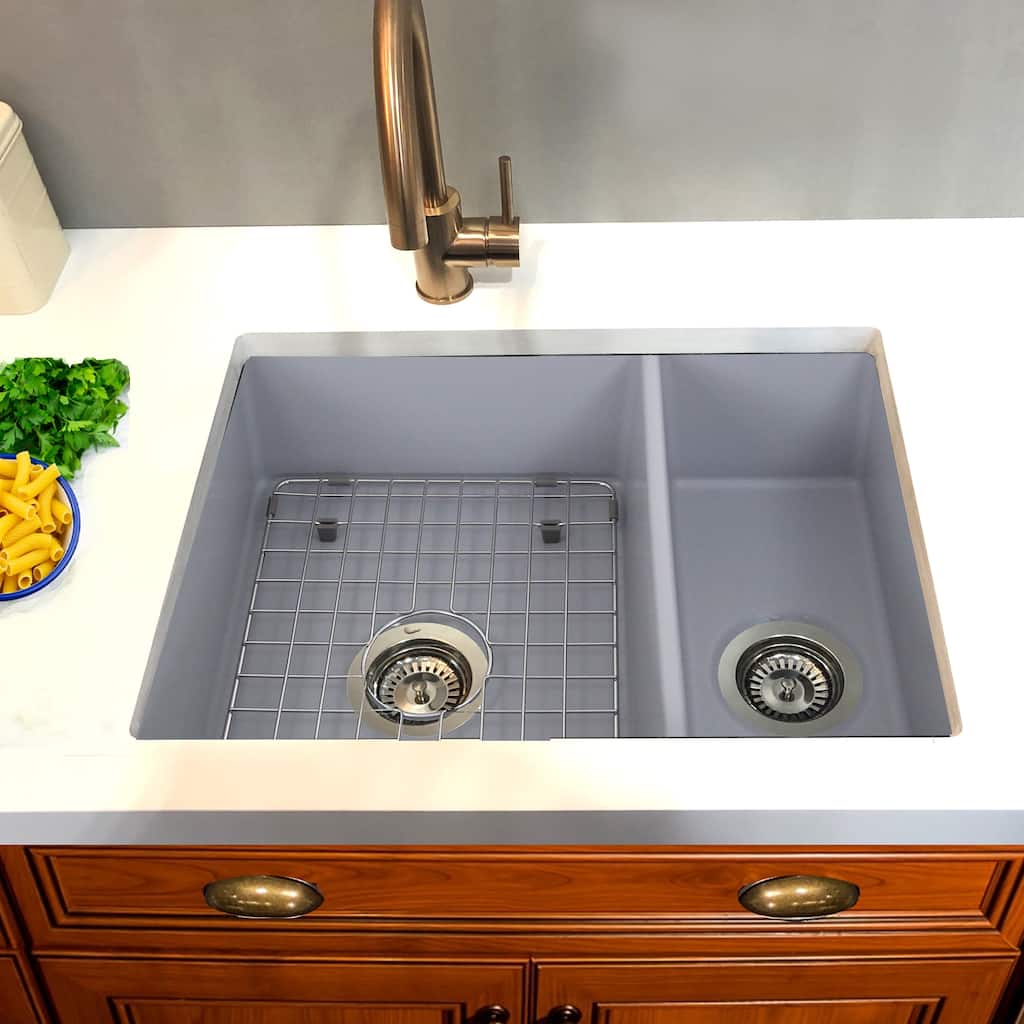 Highpoint Collection Matte Gray 23.5 Inch Double Bowl Fireclay Kitchen Sink