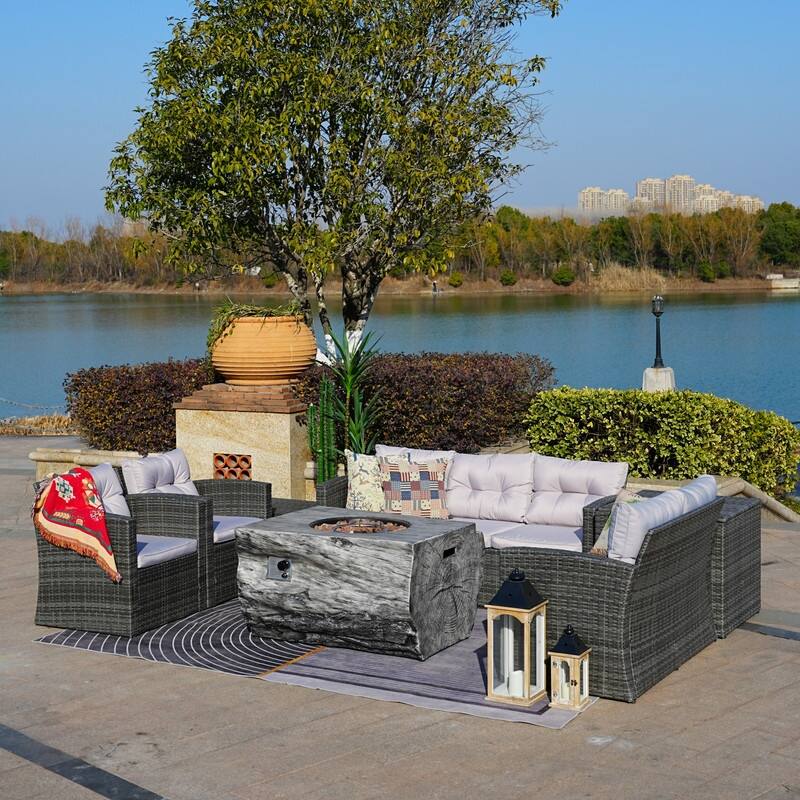7-Piece Patio Wicker Conversation Sofa Set with Fire Pit Table