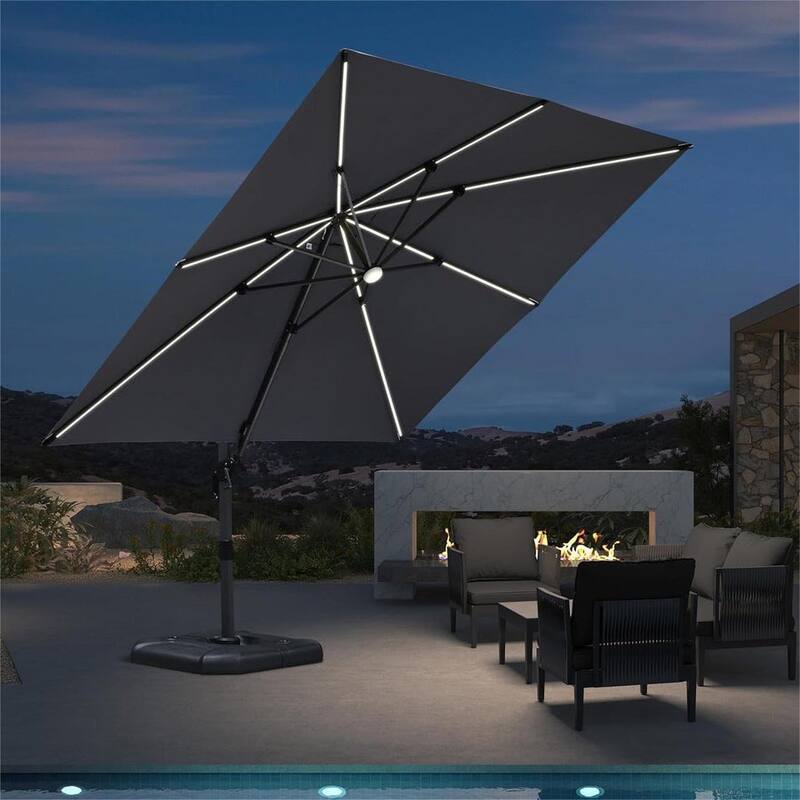 PURPLE LEAF 10 ft Square 360 Degree Rotation Patio Cantilever Umbrella - Grey-with Light