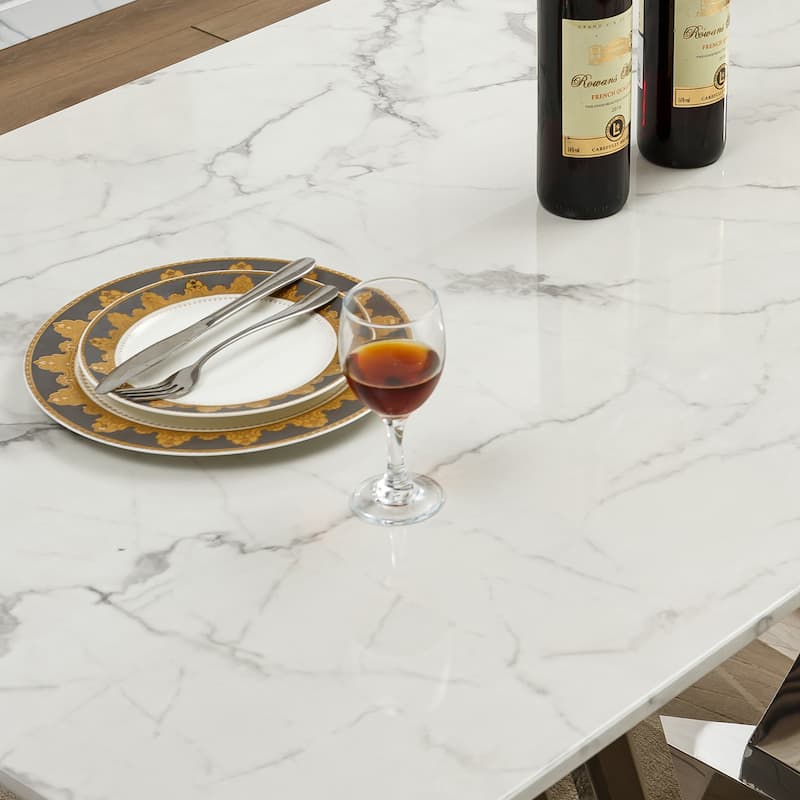70'' Rectangle Faux Marble Dining Table with Mirrored Finish Stainless Steel Base - Silver+White