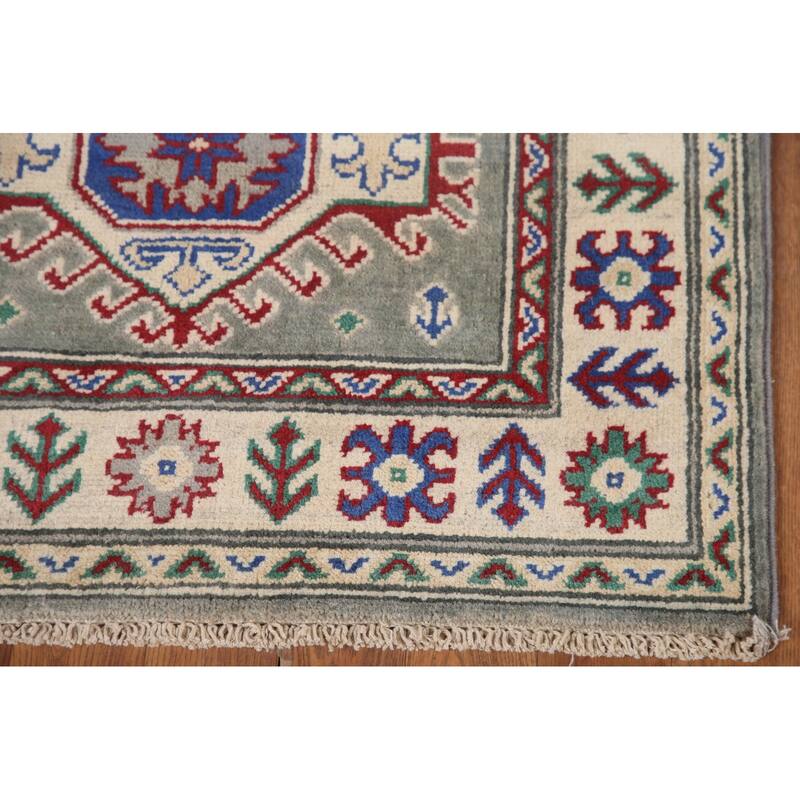 Hand Knotted Oriental 100% Wool Carpet Traditional Geometric Green Kazak Area Rug - 6' 3'' X 2' 9''