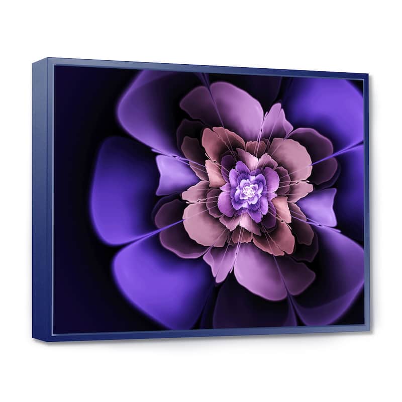 Designart "Blue Fractal Flower in Dark" Floral Framed Canvas Art Print - 20 in. wide x 12 in. high - Blue