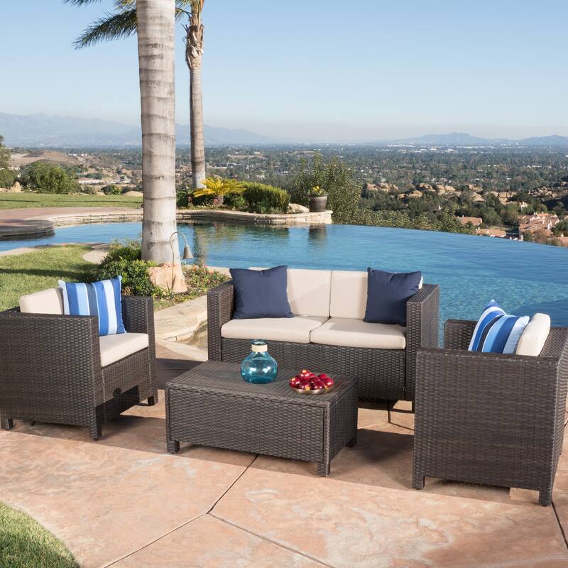 4 Piece Outdoor Patio Furniture Set All-Weather Rattan Conversation Sofa Sets with Coffee Table