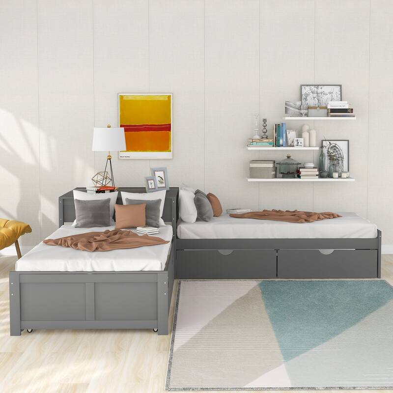 L-shaped Twin Size Daybed Sets w/Trundle&Drawers, Solid Pine Platform Bedframe, 3 in 1 Wood Beds Frame Linked with Built-in Desk - Gray - Twin