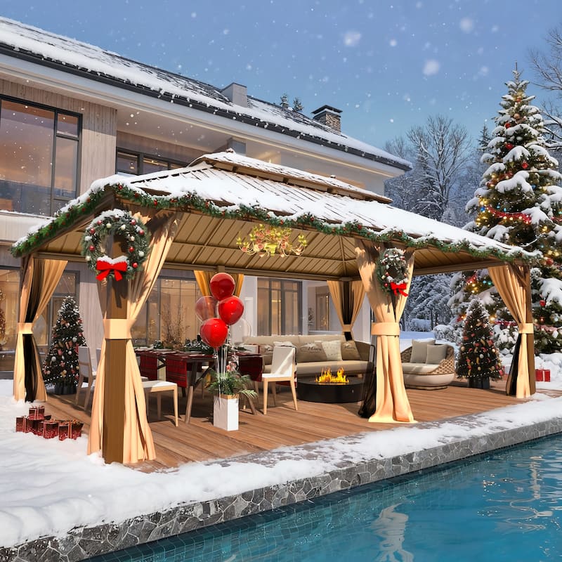 Erommy Pro Series Outdoor Galvanized Steel Roof Gazebo Pergola w/ Aluminum Frame & Vertical Rain Cutter - 12'x22' - Pro Series