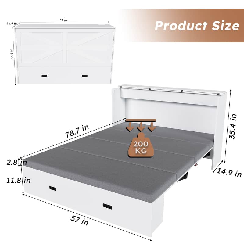 Hidden Folding Murphy Bed with Storage Drawers/Charging Station/Foldable Mattress/Full Size Mobile Cabinet Bed Frame/Noise-free