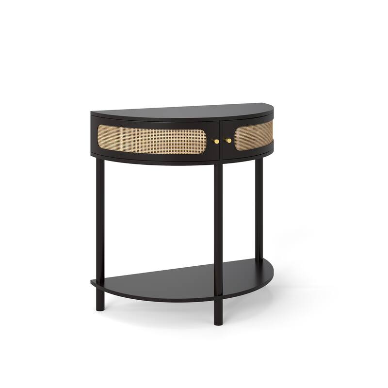Half Moon Design Entryway Console Table with Rattan Door, Small Half Round Side Table End Table Accent Table for Living Room