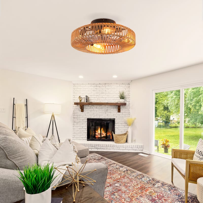 20" Rope Caged Ceiling Fans with Remote, Flush Mount Ceiling Fan with Light, Low Profile Chandelier 6 Speed DC Motor