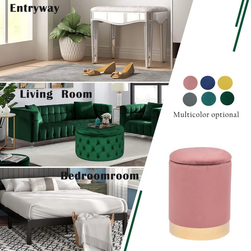 Adeco Round Storage Ottoman Footrest Stool Velvet Gold Plating Base