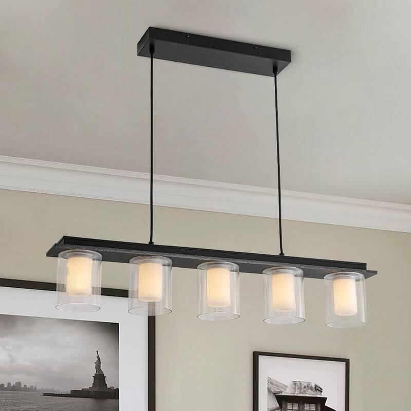 Scandinavian 5-Light Glass Dimmable LED Linear Chandelier 35in Wide