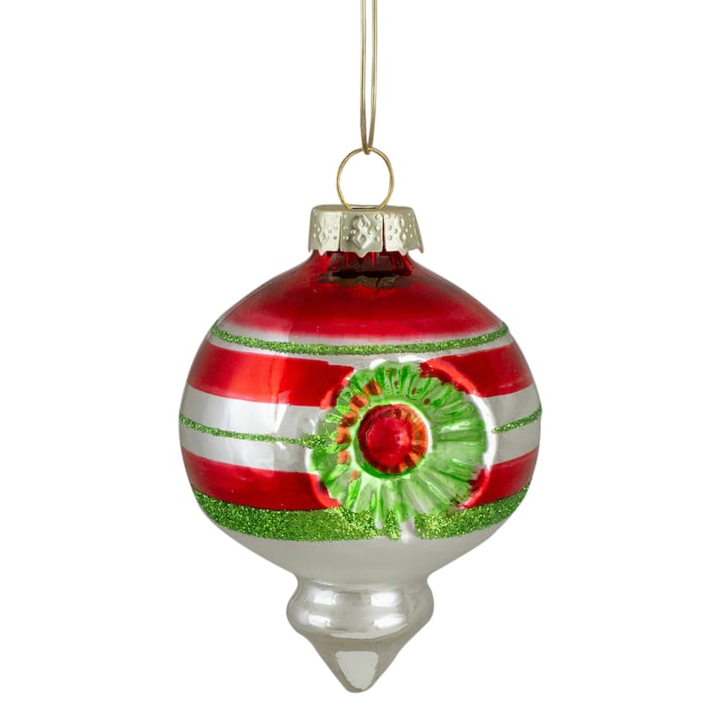 4ct Red Green Silver Vintage Glass Christmas Ornaments 3.25-Inch