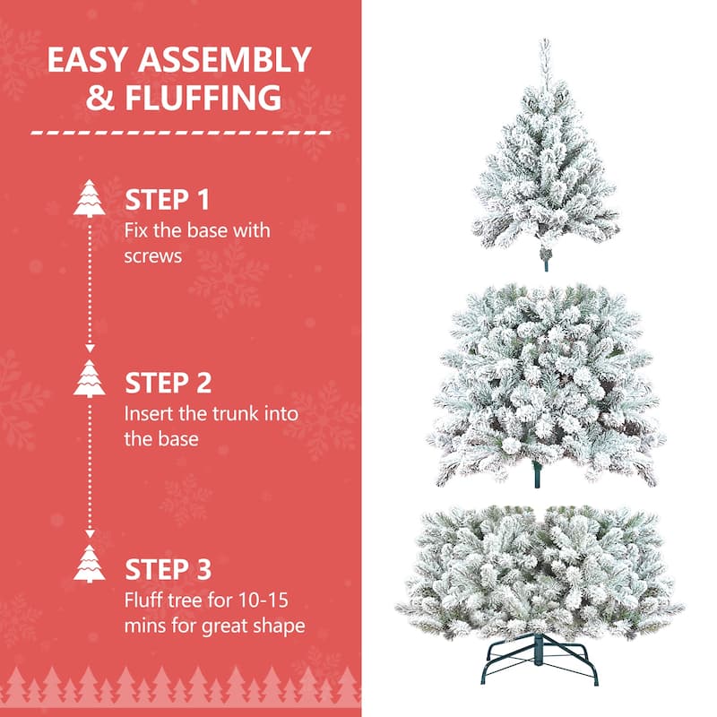 Flocked Artificial Christmas Tree - Snowy PVC Branches, Pine Cones, Metal Stand, Full Shape - Green,White