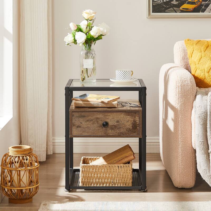 VECELO Modern 1- Drawer Nightstands with Tempered Glass Top