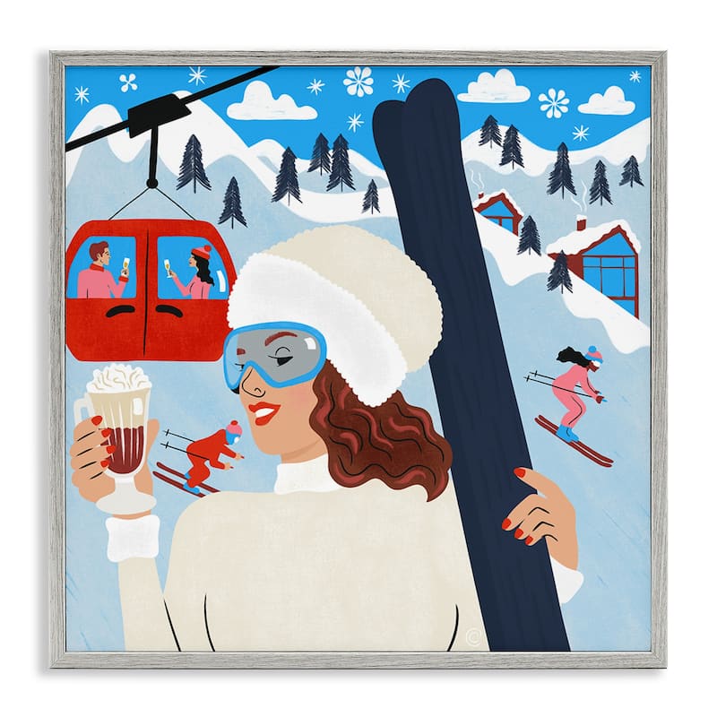 Stupell Sipping Cocoa on Ski Lift Framed Giclee Art Design By Carrie Cantwell - 17 x 17 - Grey