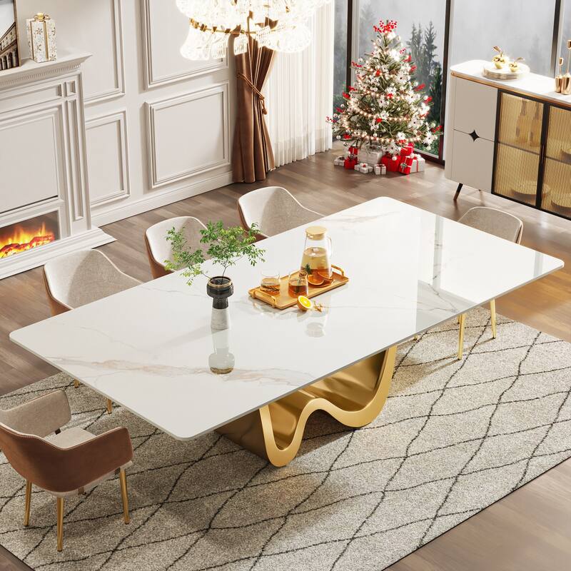 79" Modern Dining Table for 8 Rectangle Dining Table, Luxury White & Gold Kitchen Table with Sintered Stone