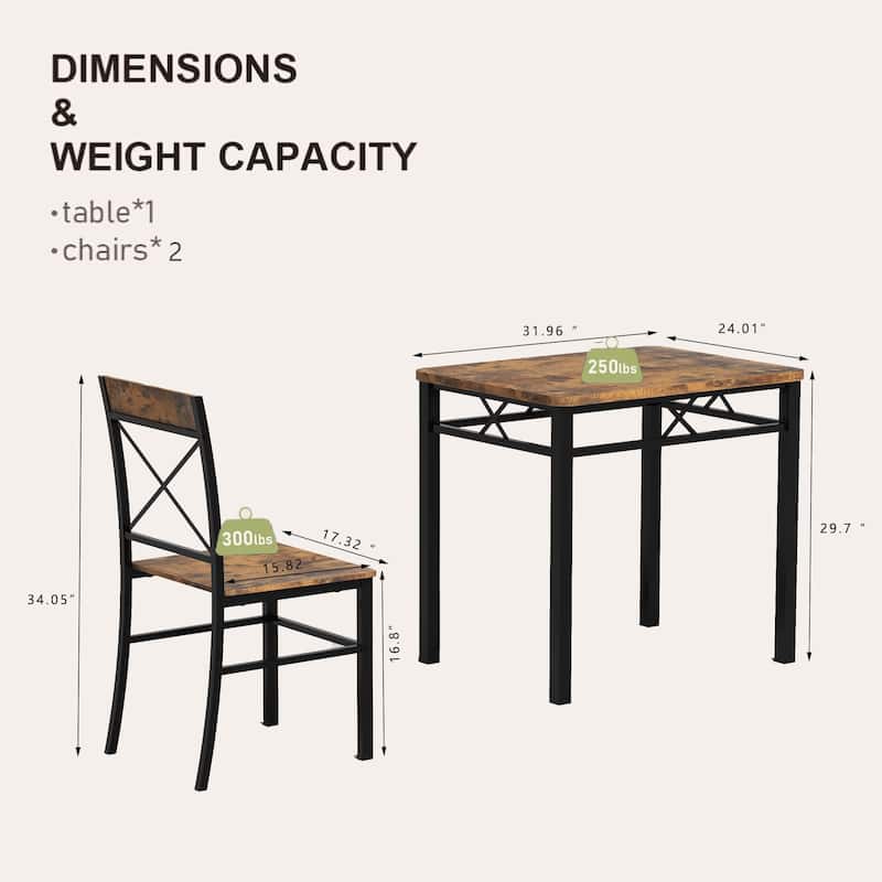 3 Piece Wooden Dining Table Set with Rectangular Dining Table and Dining Chair, Metal Legs for Kitchen Brown