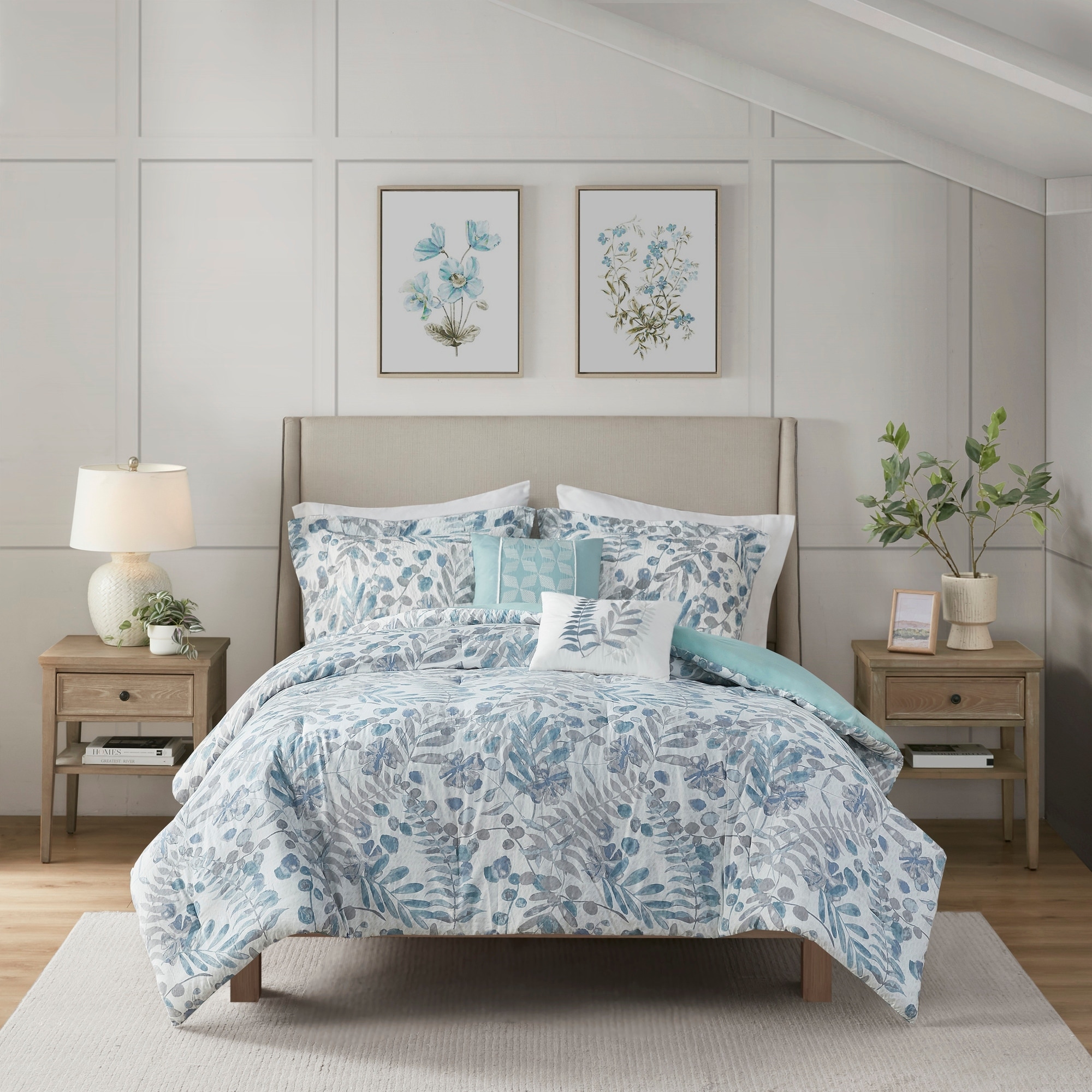 Maxi  5 Pieces Cotton Comforter Set, Queen, 240x190 cm, Blue & White