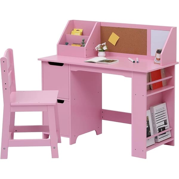 slide 2 of 6, Kids Study Desk and Chair Set with Storage, Bookshelf & Bulletin Board Pink