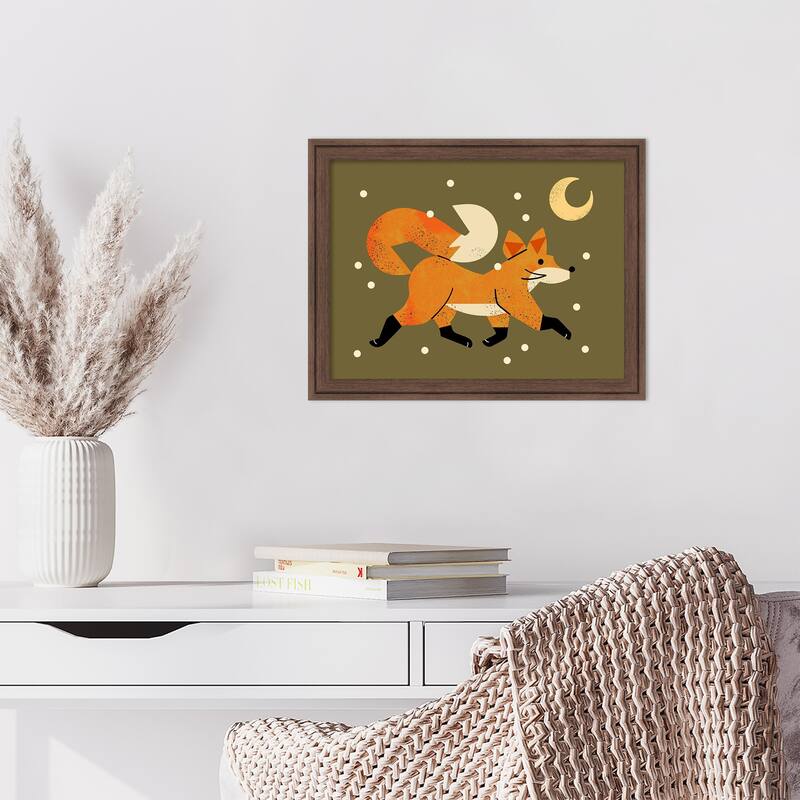 Wandering Winter Fox by Renea l. Thull Wood Framed Wall Art Print - Florence Medium Brown