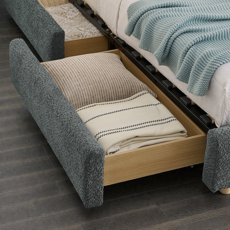 Upholstered Bed Frame with Tall Curved Headboard and Storage Drawers, Modern Minimalist Platform Bed No Box Spring