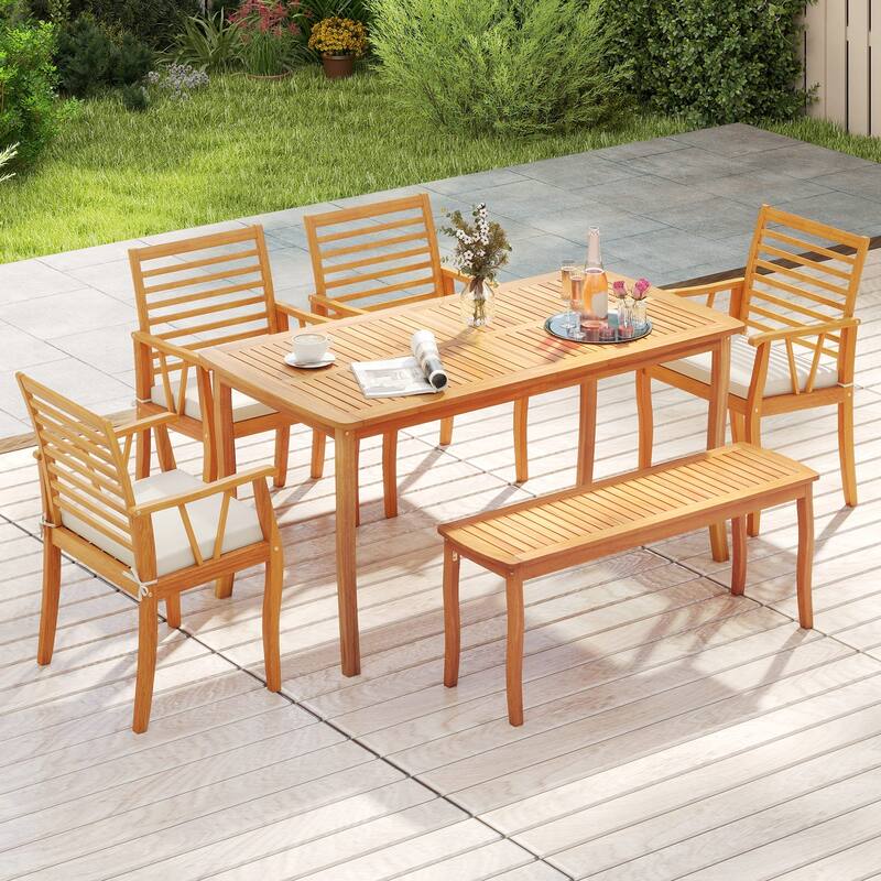 Gymax 63'' Outdoor Dining Table w/ Umbrella Hole Slatted Tabletop for
