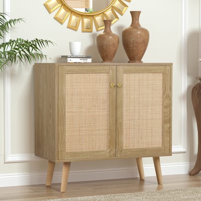 Anmytek 2-Door Farmhouse Wood Rattan Buffet Sideboard Accent Storage Cabinet with Adjustable Shelves