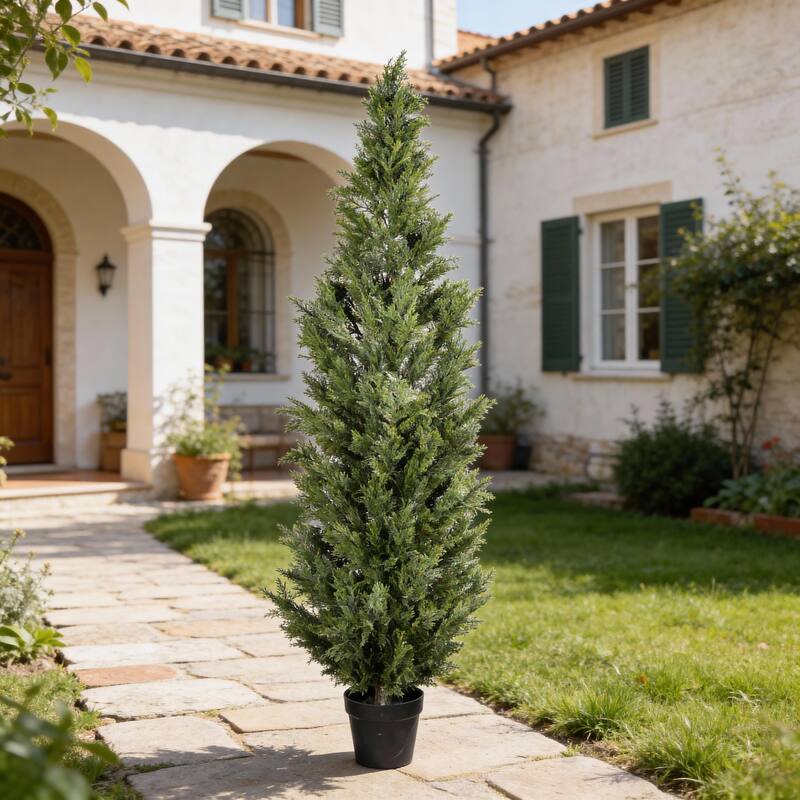 5FT Artificial Cypress Tree in Black Plastic Pot UV Resistant, Realistic Indoor Outdoor Fake Topiary Plant, 1pc/set