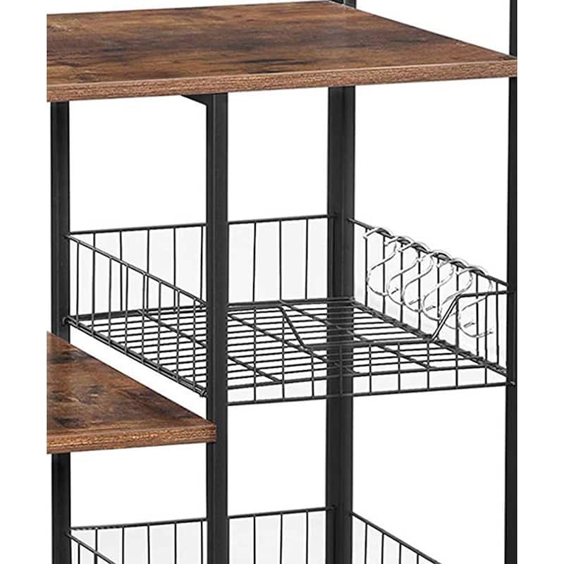 2 Mesh Basket and 6 Hooks Wood and Metal Frame Bakers Rack, Brown and Black - 37.4 H x 13.8 W x 31.5 L Inches