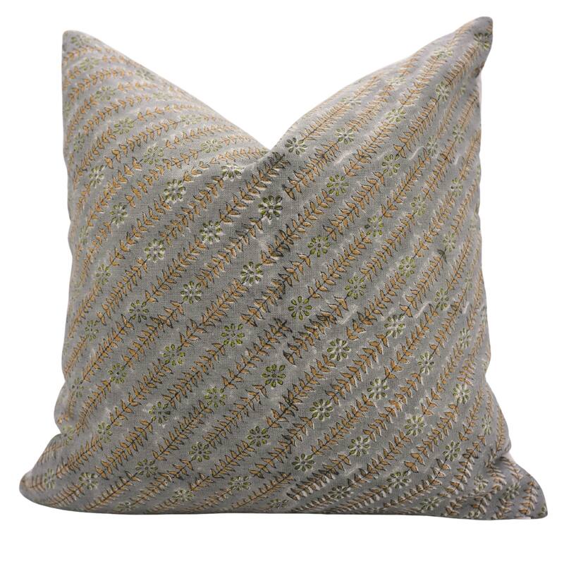 Fabdivine Handmade Block Print Floral Pillow Cover, Soft Pure Linen for Sofa, Alpana - Taru- Beige, Grey, Green - 26"X26"