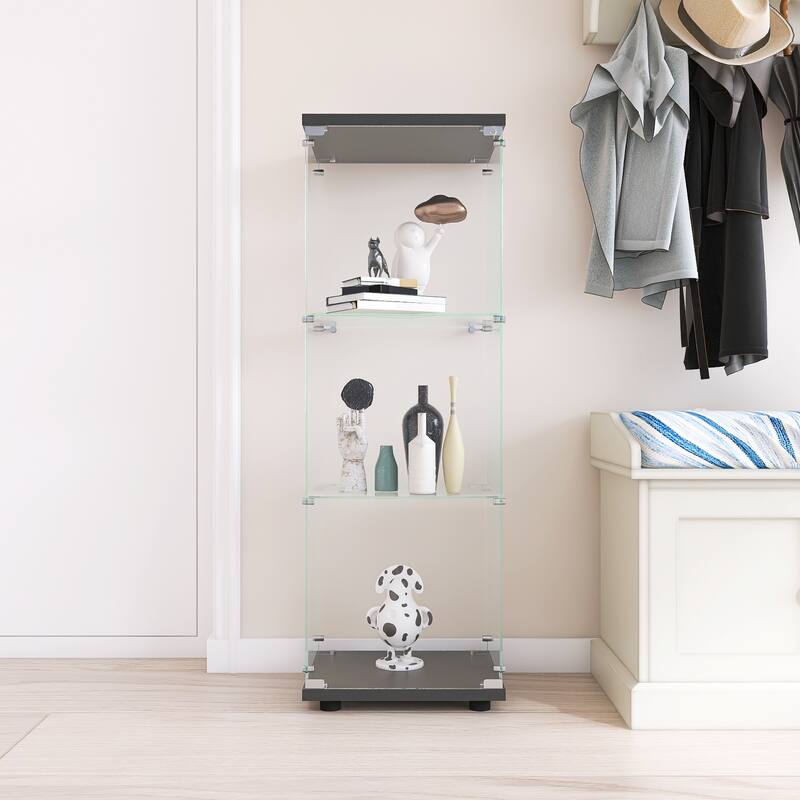 One-Door Glass Display Cabinet with 3 Shelves, Floor Standing Curio Bookshelf with Tempered Glass for Living Room Bedroom Office
