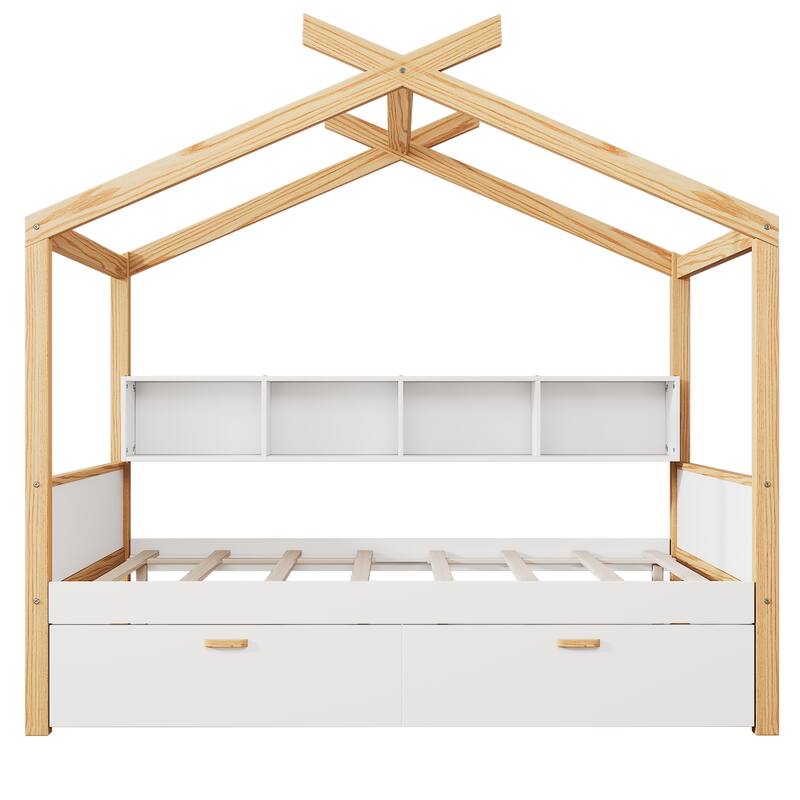 Twin Wood House Bed with Trundle & Bookshelves (300lb Capacity)