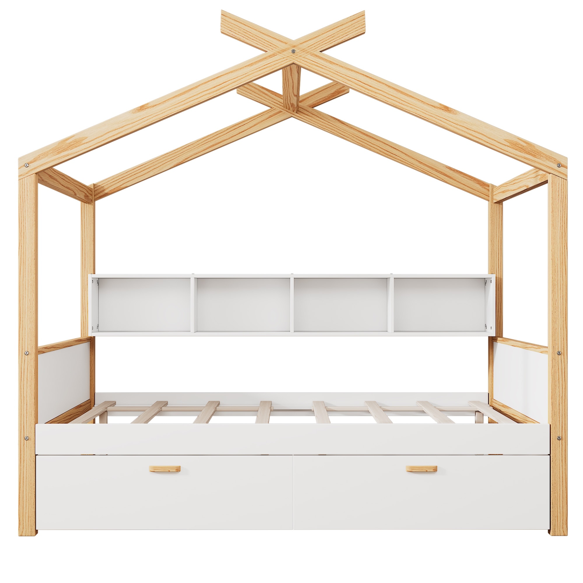 Kids Wooden House Bed with Bookshelf & Trundle