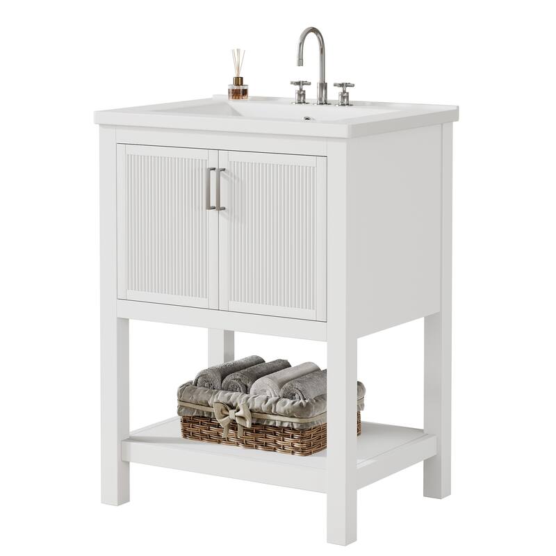24" Single Bathroom Vanity with Ceramic Sink, Solid Rubberwood Frame & Open Storage Shelf