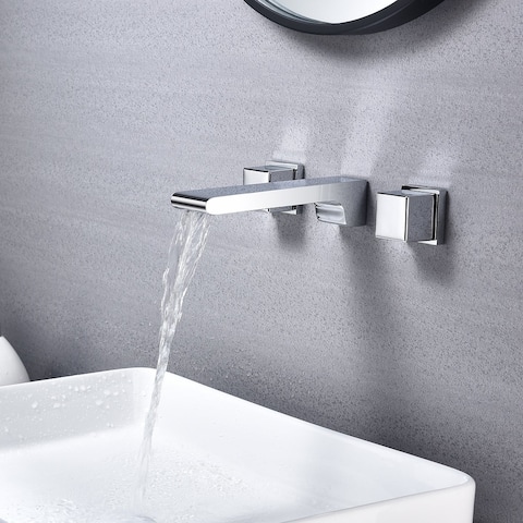 waterfall chrome wall mount Dual Handle Bathroom Sink Faucets with Brass Pop up Overflow Drain - 5' x 11'