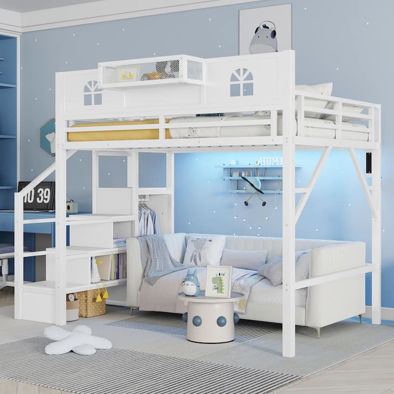 Full / Queen Size Loft Bed with Stairs, House Shaped Guardrails, and Wardrobe Storage