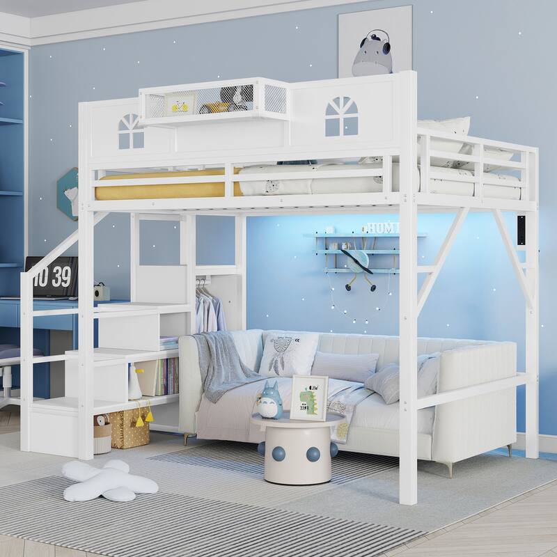 Full Size Loft Bed with Stairs, Metal Full Loft Bed with High and House Shaped Guardrails, High Loft Bed with Wardrobe for Kids