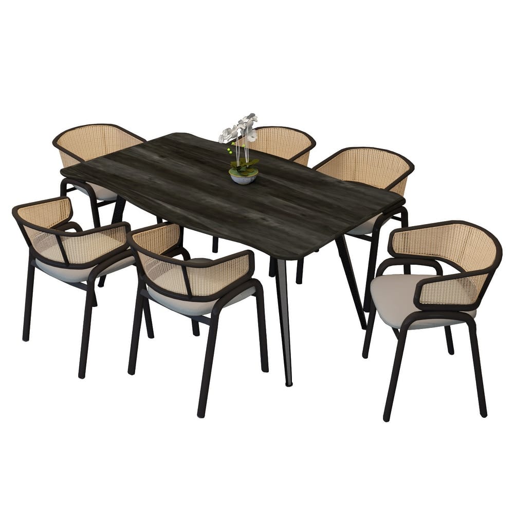 Ravenna 7-Piece Modern Dining Set with Rectangular MDF Wood Dining Table and 6 Velvet Upholstered Rattan Back Dining Chairs
