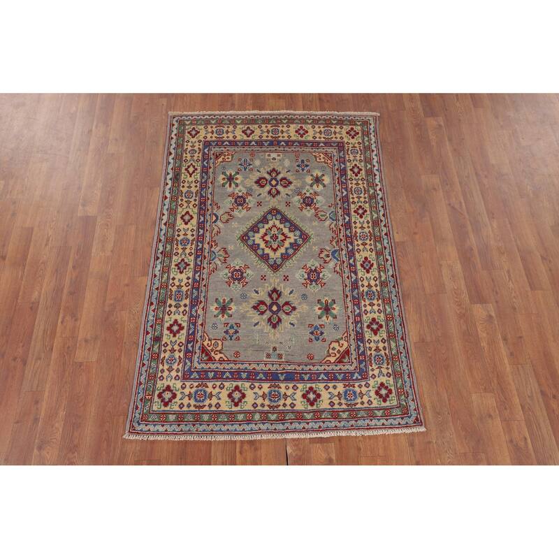 Gray Geometric Kazak Accent Rug Handmade Wool Carpet - 3'3" x 5'0"